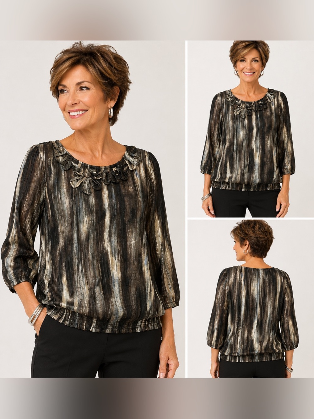 Chico’s Metallic 3/4 Sleeve Burnout Blouse Size 1